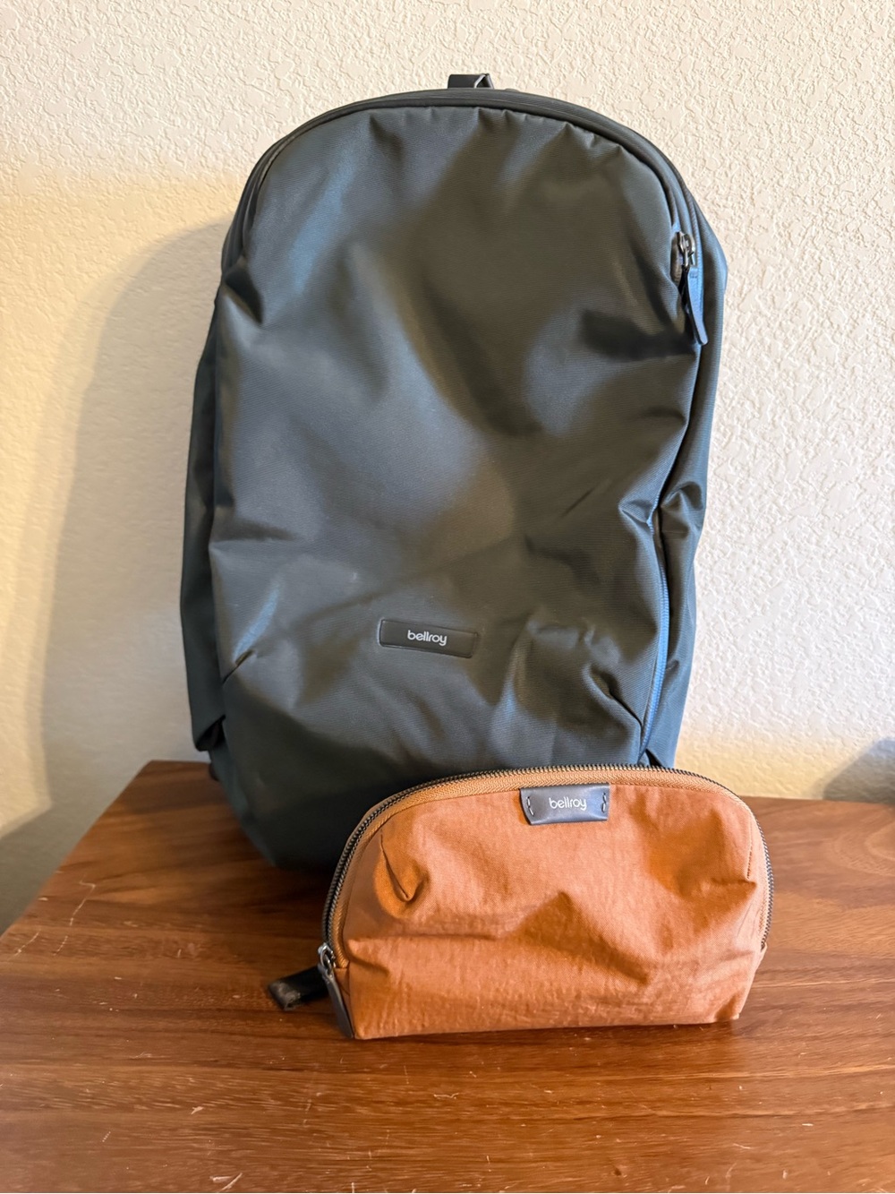 Bellroy Transit Workpack Pro 22L Olive & Desk Caddy Bronze